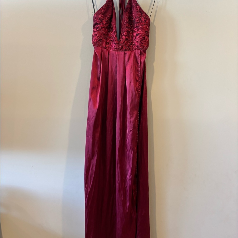 Showpo Burgundy Halter Lace Prom Dress